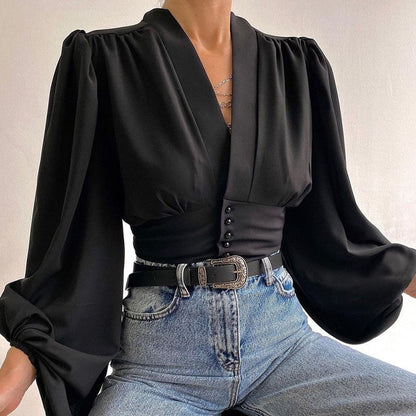 Dam Blus med Lykta Ärmar V-Hals Polyester-2