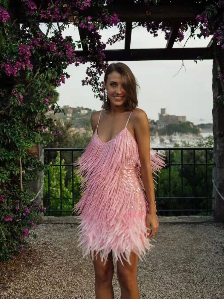 Kvinnors Mini Klänning med Paljetter och Fjädrar Elastan Akryl Viskos-3