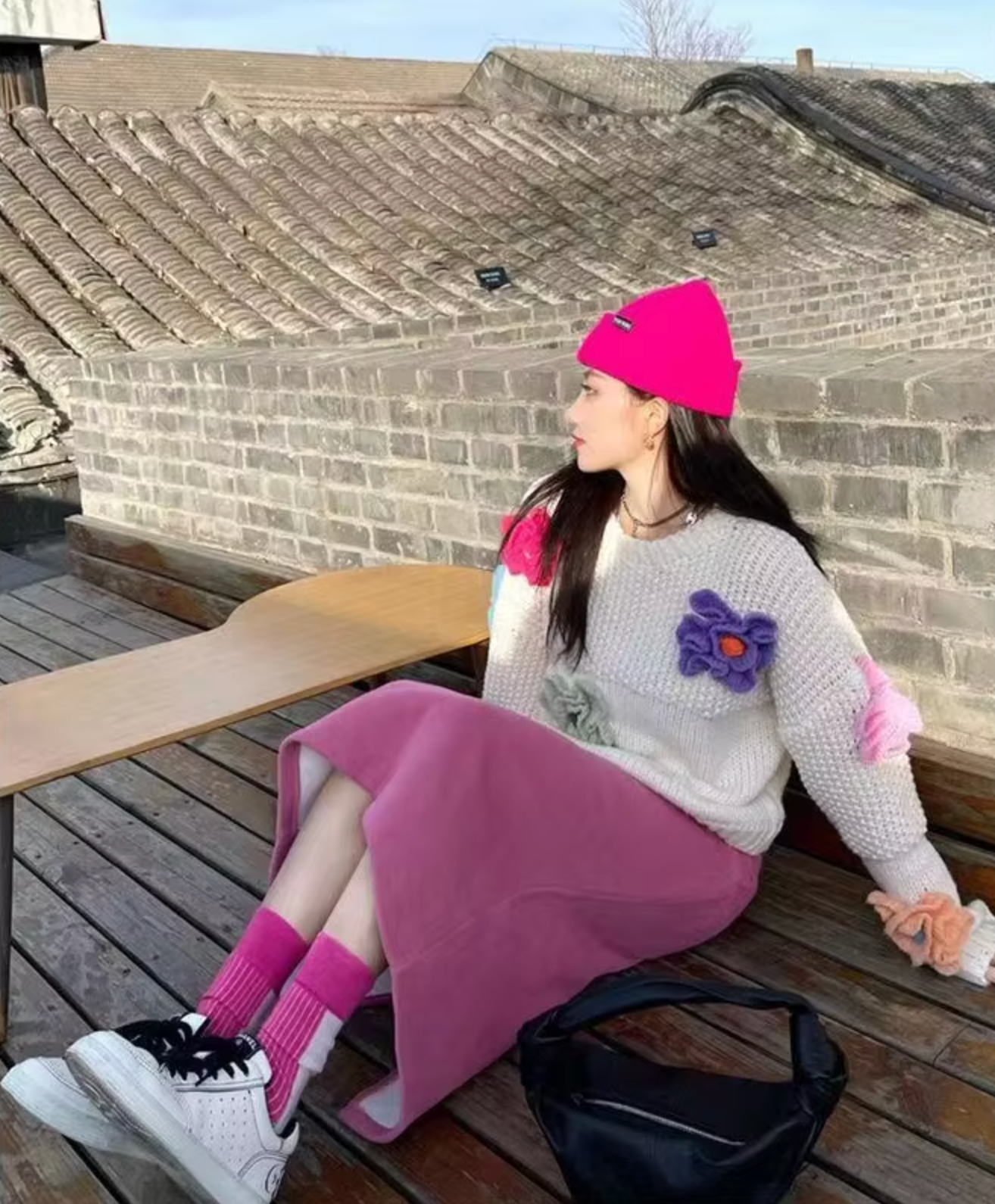 Stickad Dam Tröja Oversized med 3D Blommor i Retrostil 1