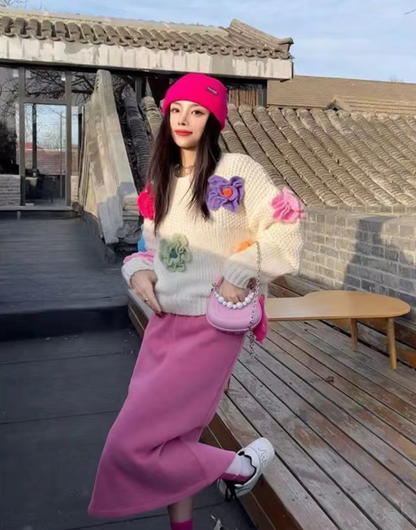 Stickad Dam Tröja Oversized med 3D Blommor i Retrostil 4