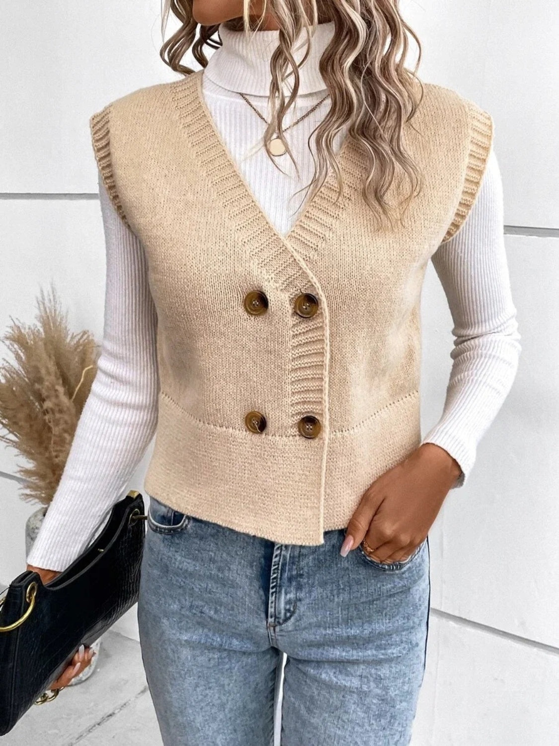 Stickad Dam Tröja V-ringad med Knappar Klassisk Design Mjuk Blandningsfiber 10