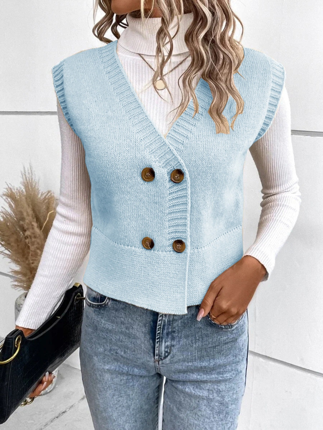 Stickad Dam Tröja V-ringad med Knappar Klassisk Design Mjuk Blandningsfiber 2