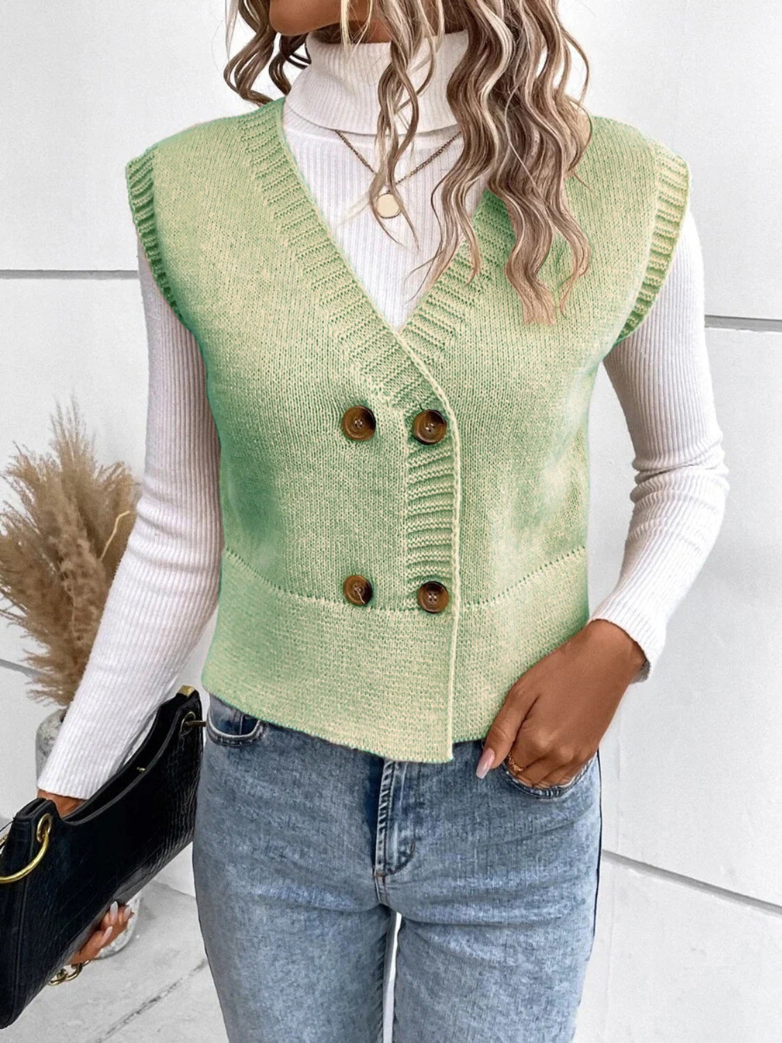 Stickad Dam Tröja V-ringad med Knappar Klassisk Design Mjuk Blandningsfiber 3