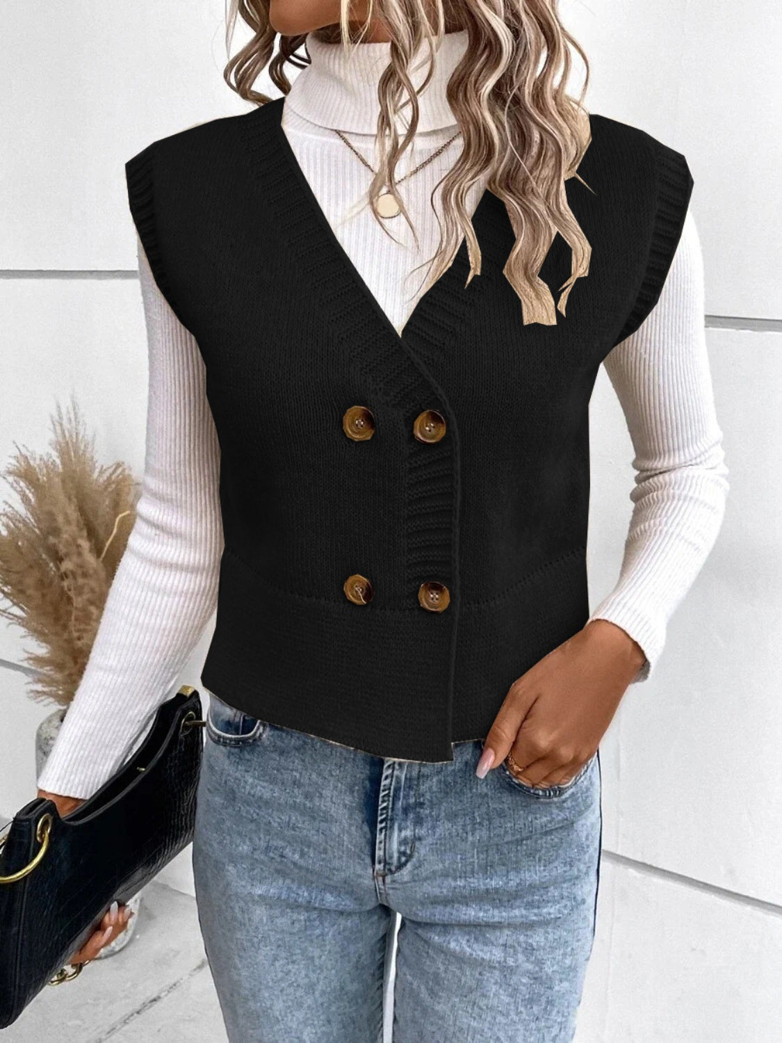 Stickad Dam Tröja V-ringad med Knappar Klassisk Design Mjuk Blandningsfiber 6