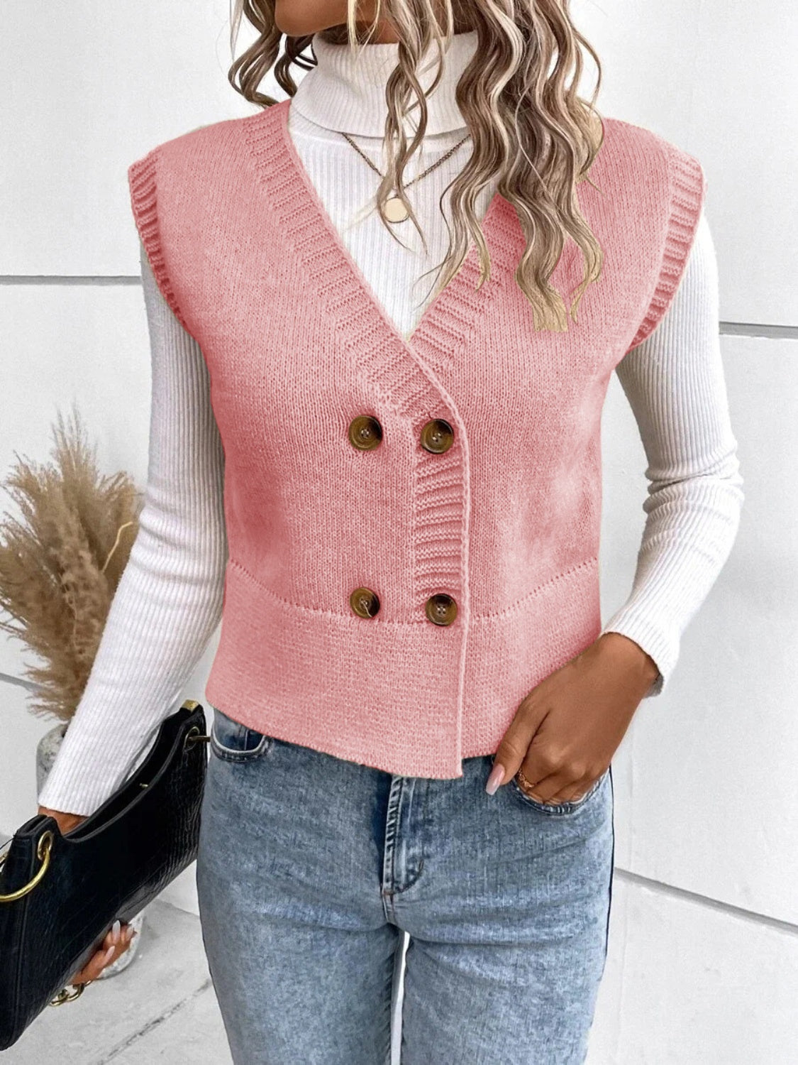 Stickad Dam Tröja V-ringad med Knappar Klassisk Design Mjuk Blandningsfiber 7