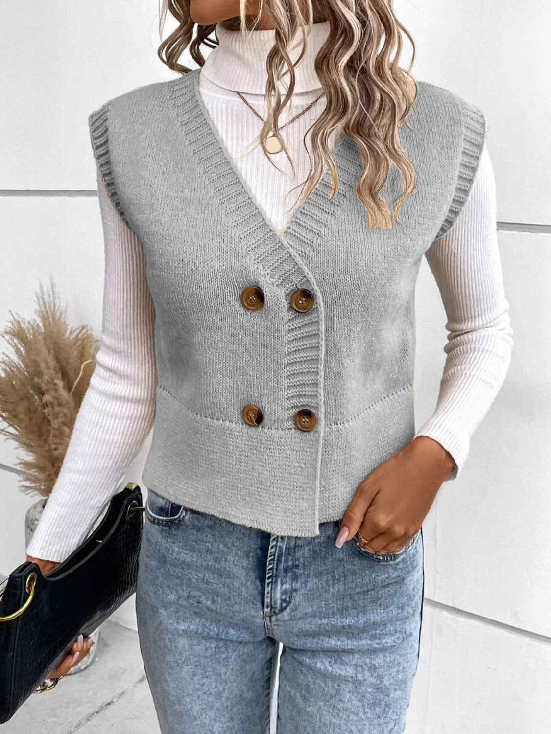 Stickad Dam Tröja V-ringad med Knappar Klassisk Design Mjuk Blandningsfiber 9