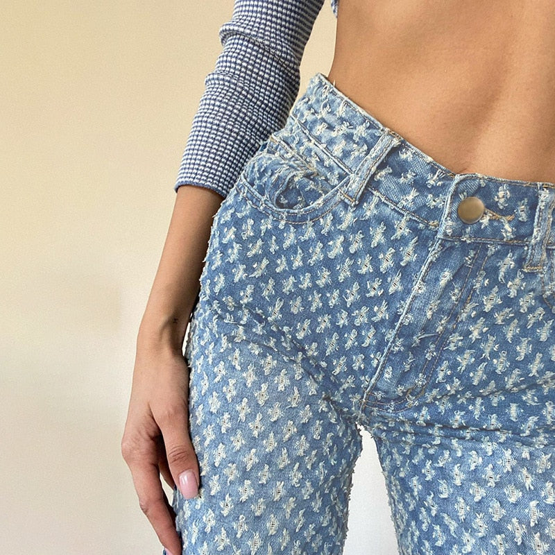 Dam Jeans med Raka Ben och Geometriskt Mönster i Bomull och Polyester – Casual Stil, Falsk Denim 2