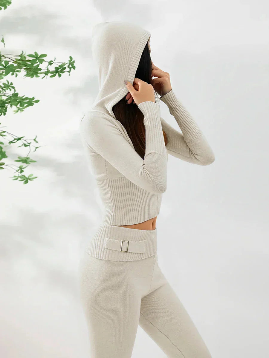 Dam Loungewear Set Med Huva Och Dragkedja 100% Bomull-5