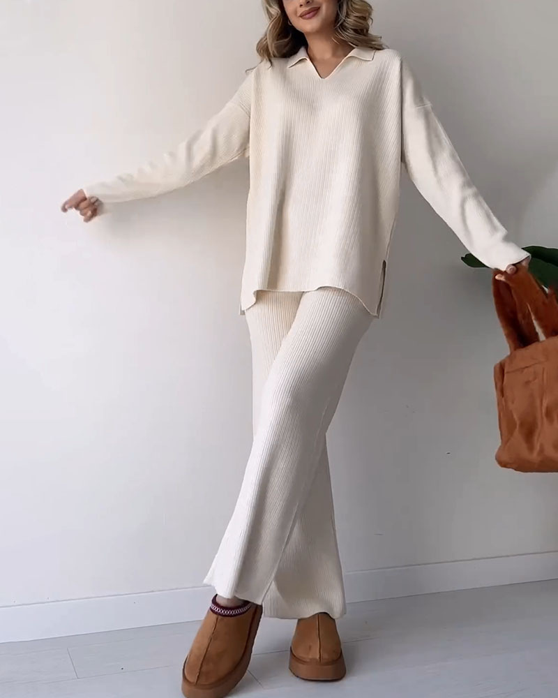 Dam Loungewear Set Överdimensionerad Tröja och Vida Byxor Högkvalitativt Stickmaterial-2
