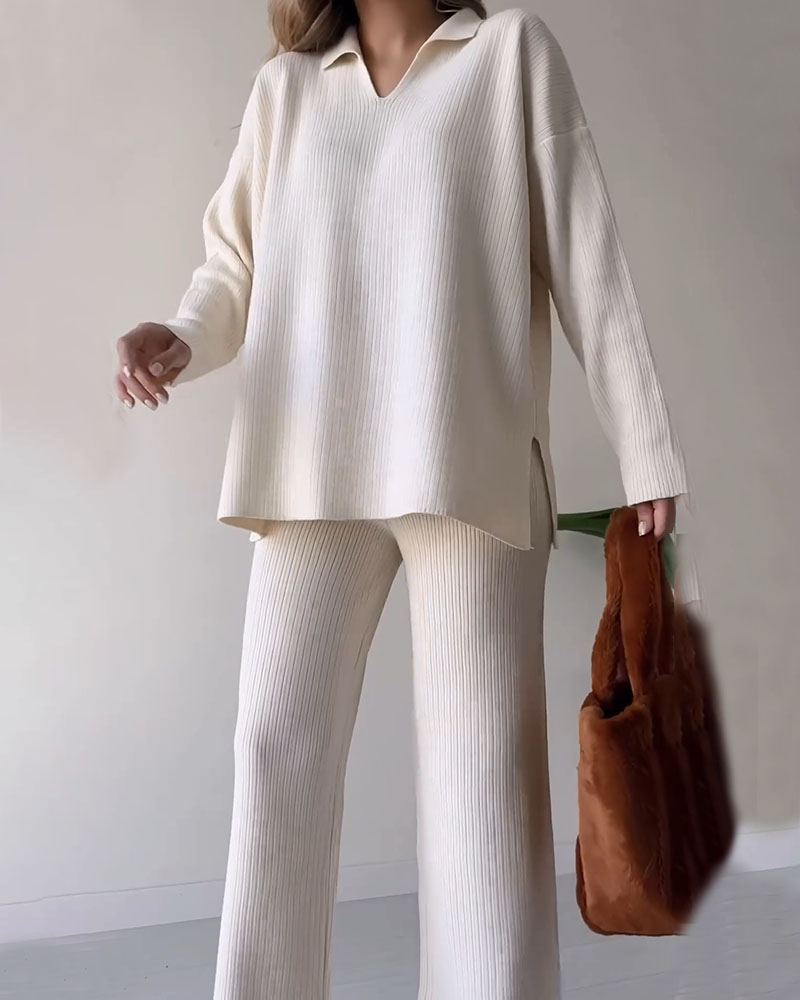 Dam Loungewear Set Överdimensionerad Tröja och Vida Byxor Högkvalitativt Stickmaterial-3