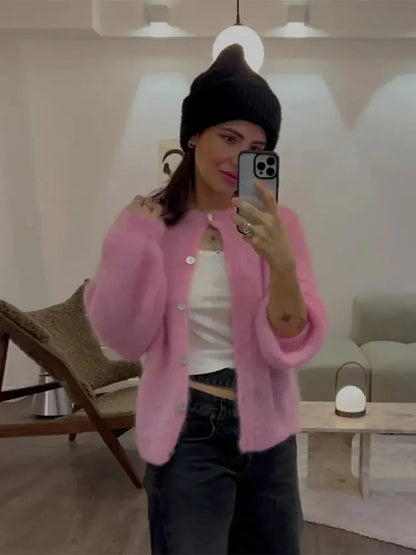 Kvinnors Kofta Med Knappdetaljer Mjuk Tygblandning-3