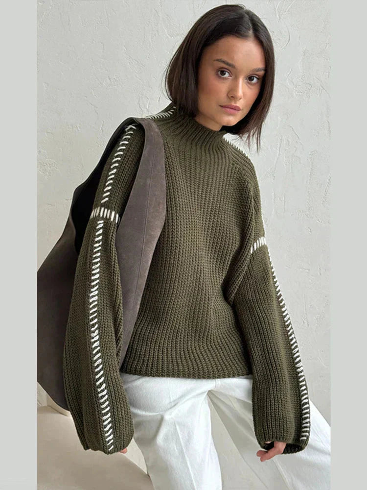 Kvinnors Stickad Tröja Hög Krage Mjuk Akryl Bred Passform 5