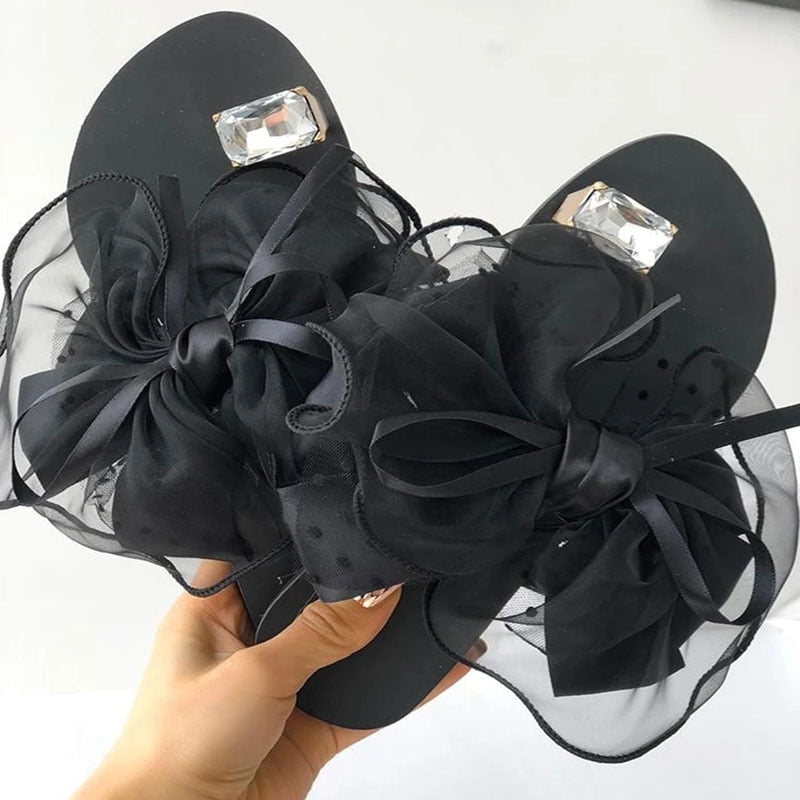 Dam Sandaler Platta PU-Läder med Kristall Dekoration-3