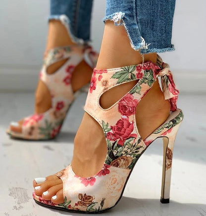 Dam Sandaler Ankelrem Hög Klack PU-Läder Öppen Tå-2