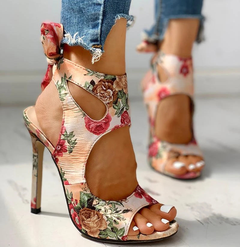 Dam Sandaler Ankelrem Hög Klack PU-Läder Öppen Tå-6