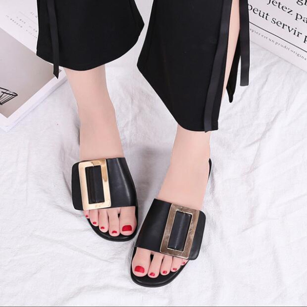 Dam Sandaler Platt Sula med Metall Dekoration i PU och Gummi-5