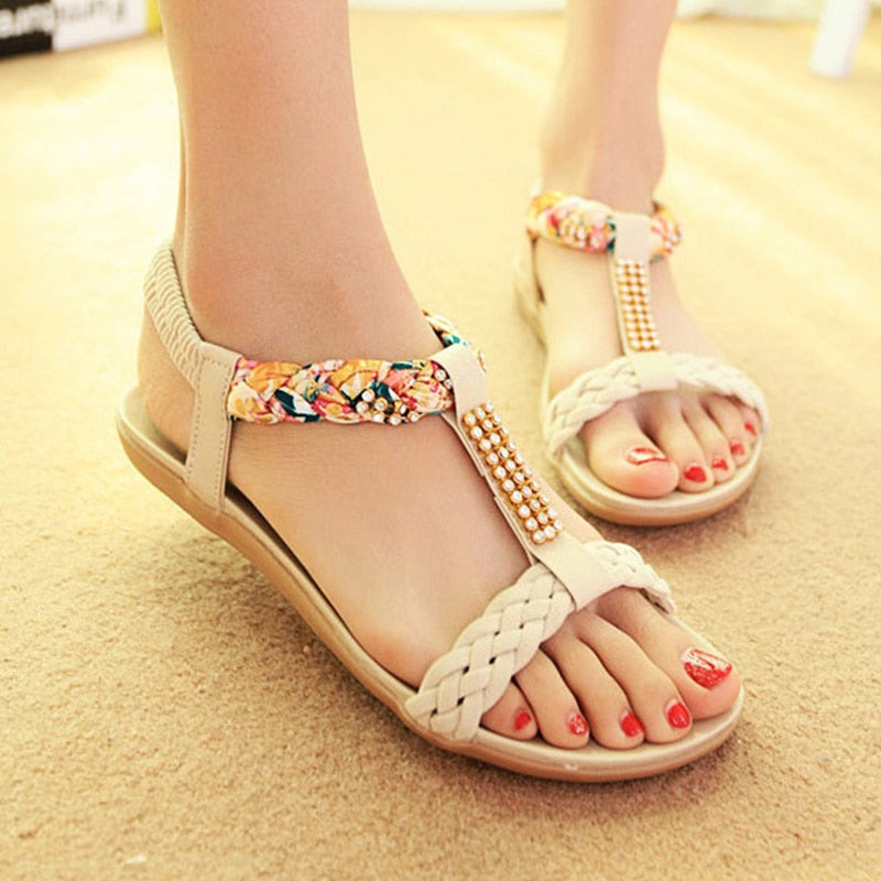 Damsandaler T-Strap Blommor Rhinestones Bomull 2