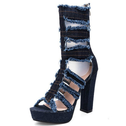 Kvinnors Höga Sandaler Plattform Denim Öppen Tå-6