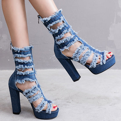 Kvinnors Höga Sandaler Plattform Denim Öppen Tå-2
