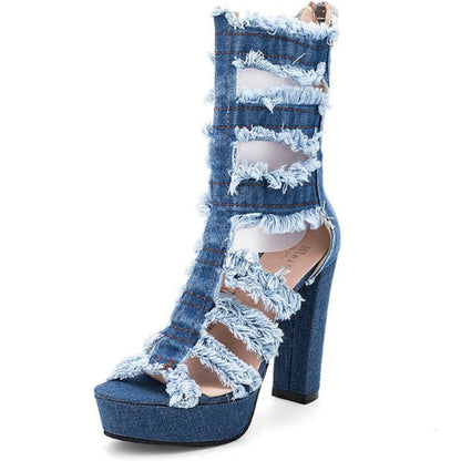 Kvinnors Höga Sandaler Plattform Denim Öppen Tå-5