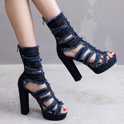 Kvinnors Höga Sandaler Plattform Denim Öppen Tå-4