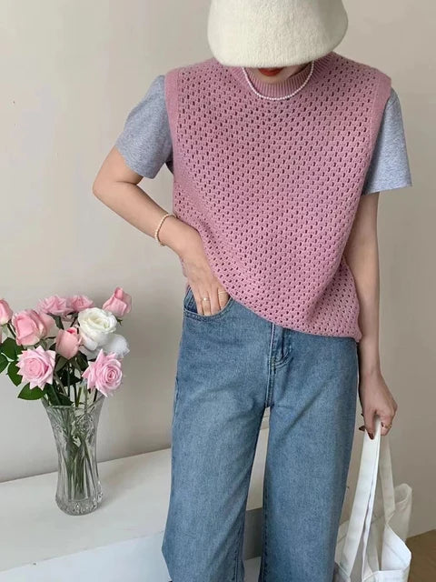 Stickad Dam Tröja Ärmlös Modern Design Lätt Material 11