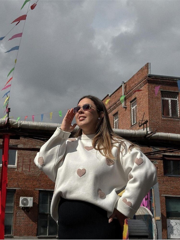 Dam Tröja Hjärtbroderi Casual Bomullsblandning-3