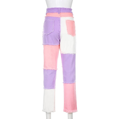 Dam Ankel-längd Jeans Raka Patchwork i Bomull-5