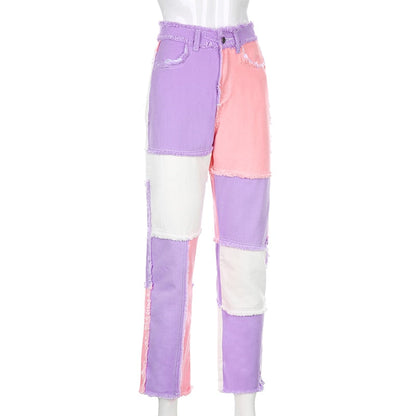 Dam Ankel-längd Jeans Raka Patchwork i Bomull-4
