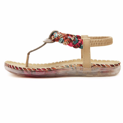 Boho Sandaler Dam T-strap med Strassdetaljer – PU-läder, Platta, Öppen Tå, Elastiska Band 5