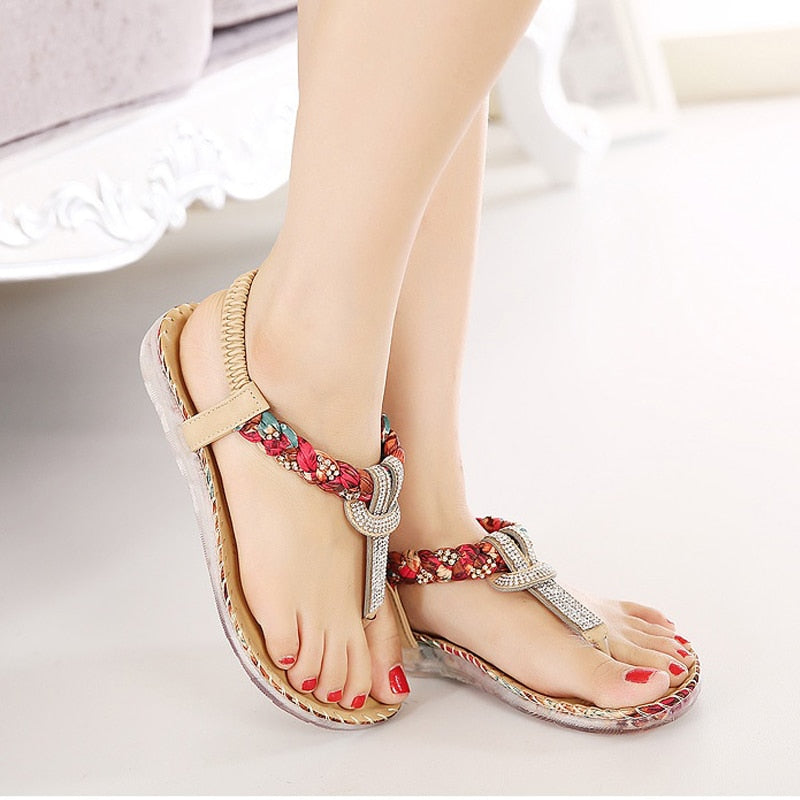 Boho Sandaler Dam T-strap med Strassdetaljer – PU-läder, Platta, Öppen Tå, Elastiska Band 4