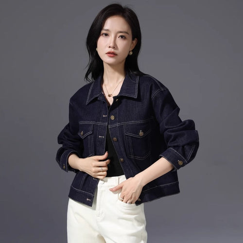 Kvinnors Polo Jacka Vintage Mörk Denim Hållbar Blandning av Bomull och Polyester 1