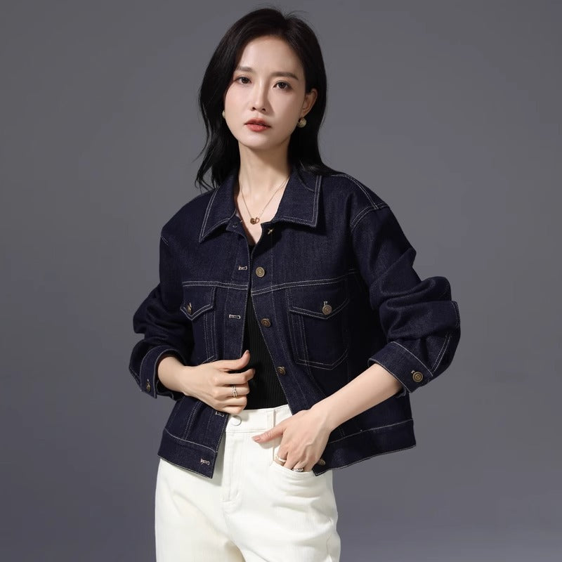 Kvinnors Polo Jacka Vintage Mörk Denim Hållbar Blandning av Bomull och Polyester 2