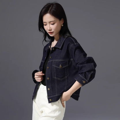 Kvinnors Polo Jacka Vintage Mörk Denim Hållbar Blandning av Bomull och Polyester 3