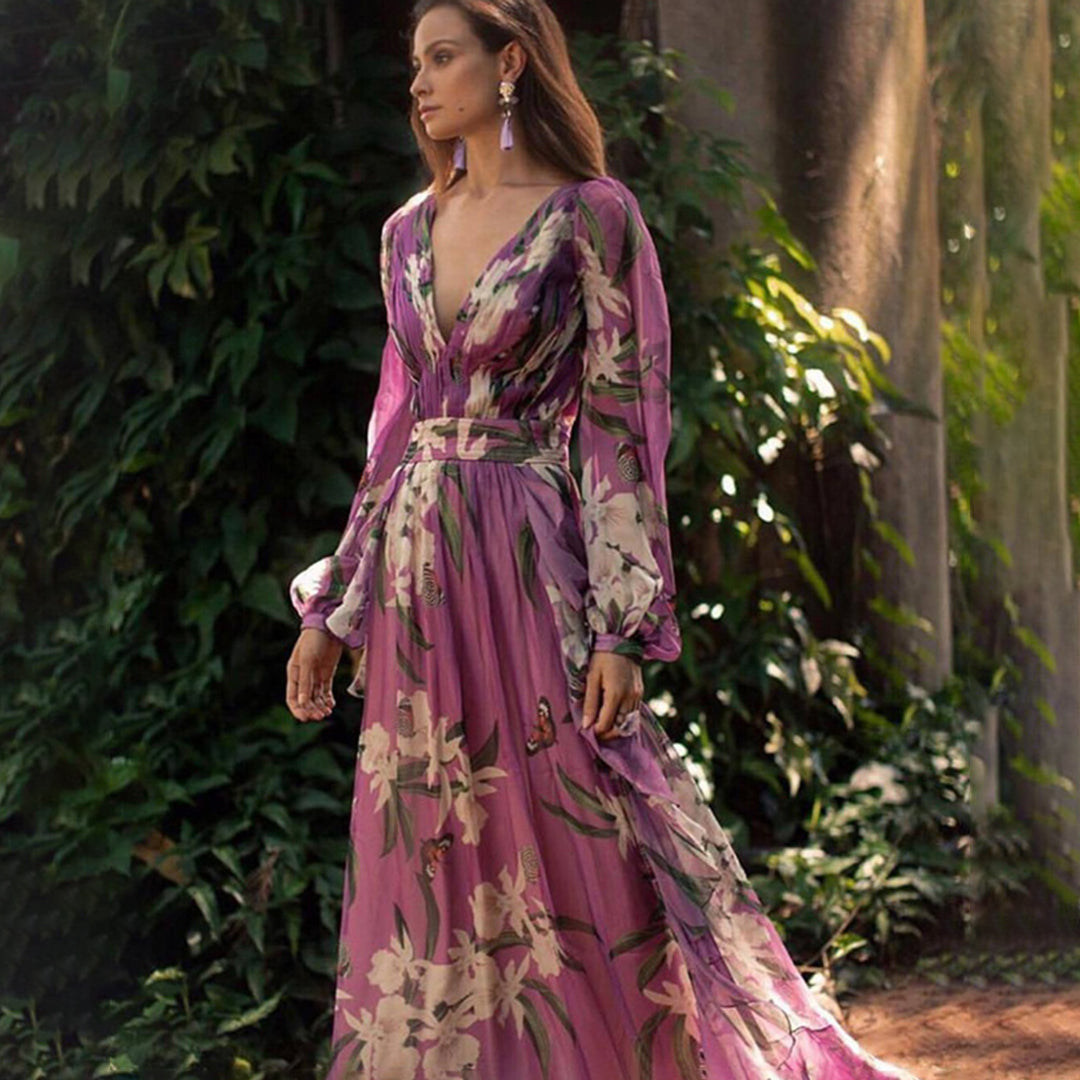 Blommig Maxiklänning Dam med V-Ringning och Långa Ärmar – Polyester Maxi Klänning för Alla Tillfällen 3
