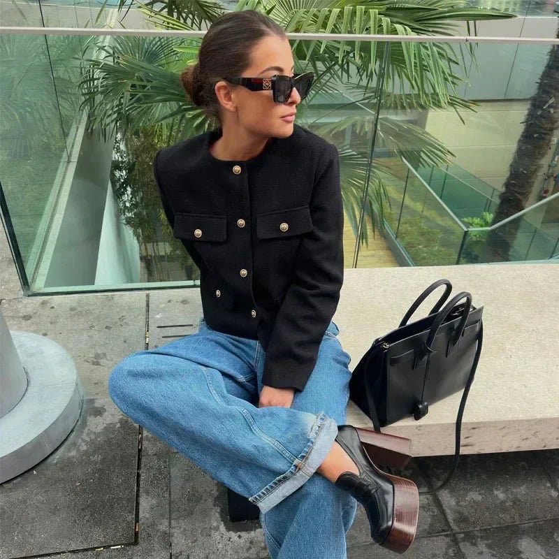 Dam Kortjacka Modern Knappdetaljer Hållbart Tyg-6