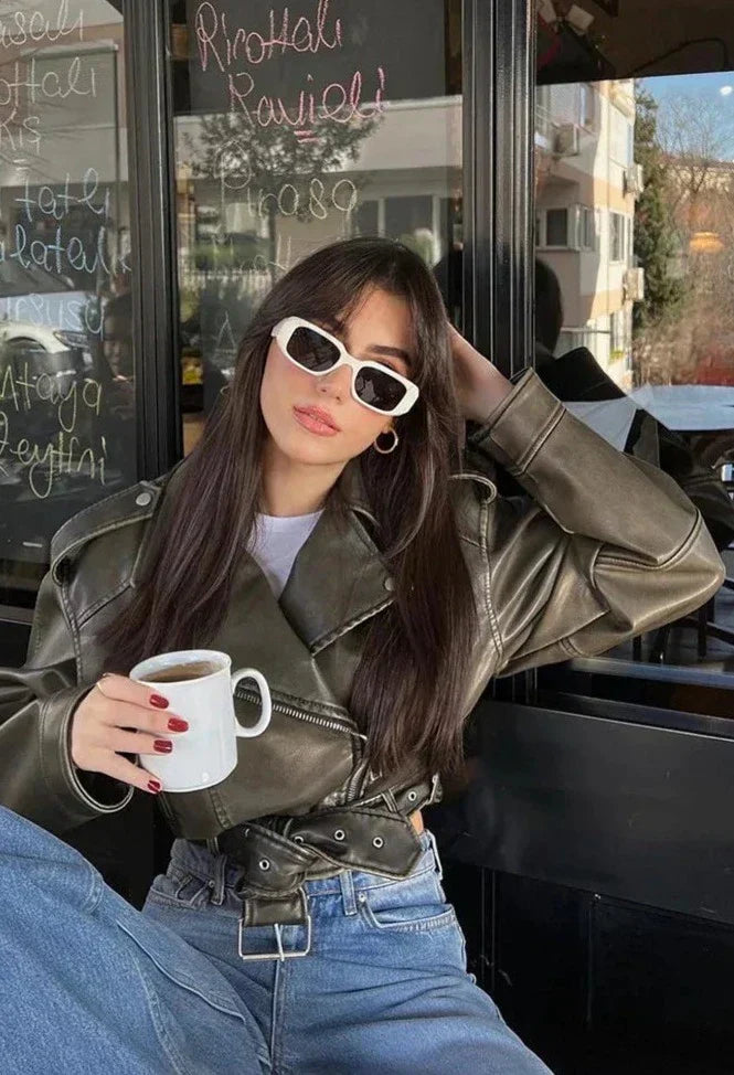 Damjacka Kort Syntetiskt Läder med Justerbart Bälte och Blixtlåsfickor-3