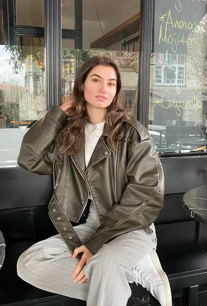 Damjacka Kort Syntetiskt Läder med Justerbart Bälte och Blixtlåsfickor-2