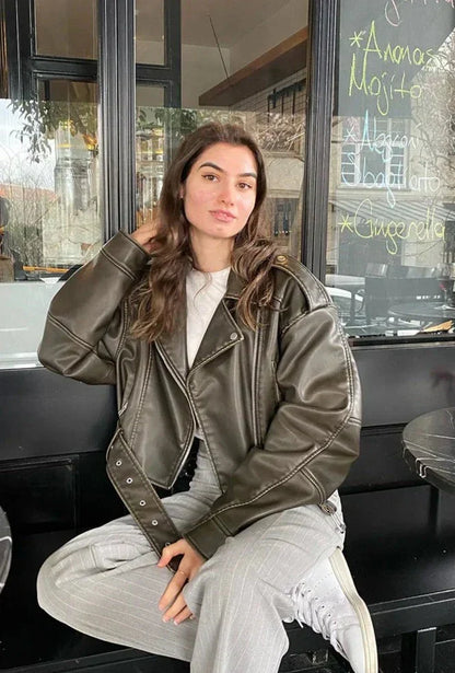 Damjacka Kort Syntetiskt Läder med Justerbart Bälte och Blixtlåsfickor-2