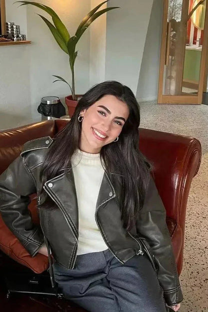 Damjacka Kort Syntetiskt Läder med Justerbart Bälte och Blixtlåsfickor-4