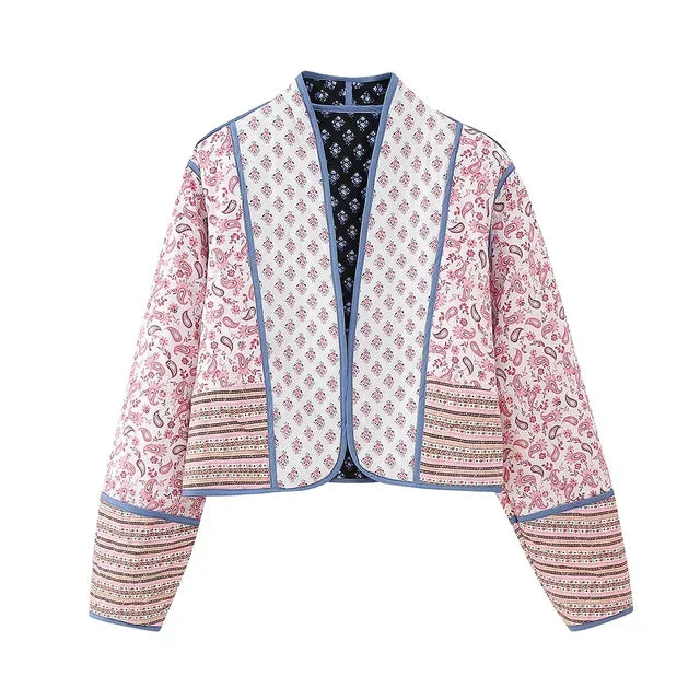 Dam Blazer Vintage Blomma i Lapptäcke 100% Bomull-6