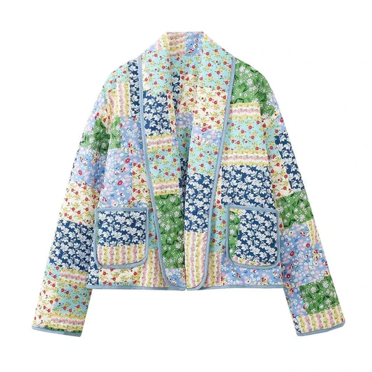 Dam Blazer Vintage Blomma i Lapptäcke 100% Bomull-1