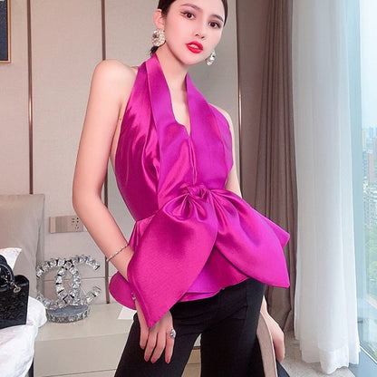 Dam Blus Rygglös Chiffon med Glänsande Detaljer-2