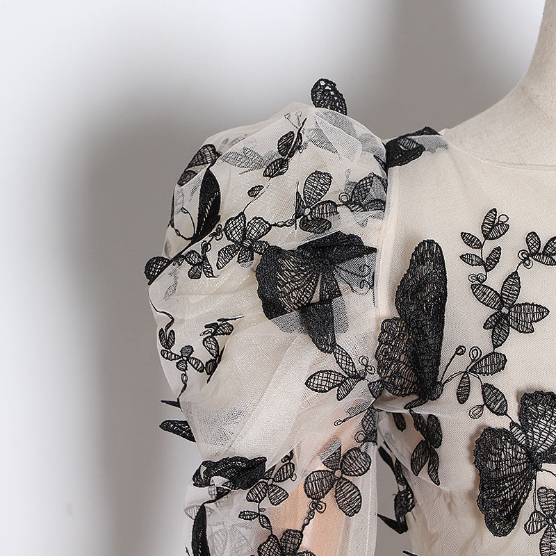 Damblus med Puffärmar och Rund Krage i Bomull och Polyester – Elegant Fjärilsdesign för Vardags och Fest 5