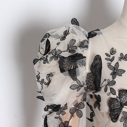 Damblus med Puffärmar och Rund Krage i Bomull och Polyester – Elegant Fjärilsdesign för Vardags och Fest 5