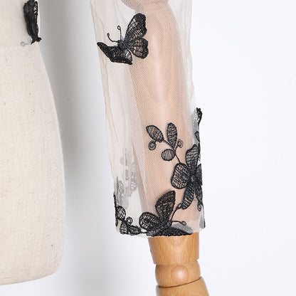 Damblus med Puffärmar och Rund Krage i Bomull och Polyester – Elegant Fjärilsdesign för Vardags och Fest 6