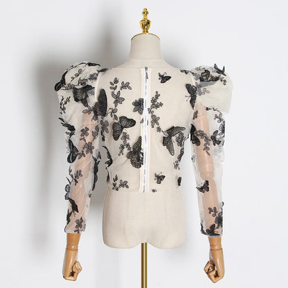 Damblus med Puffärmar och Rund Krage i Bomull och Polyester – Elegant Fjärilsdesign för Vardags och Fest 2