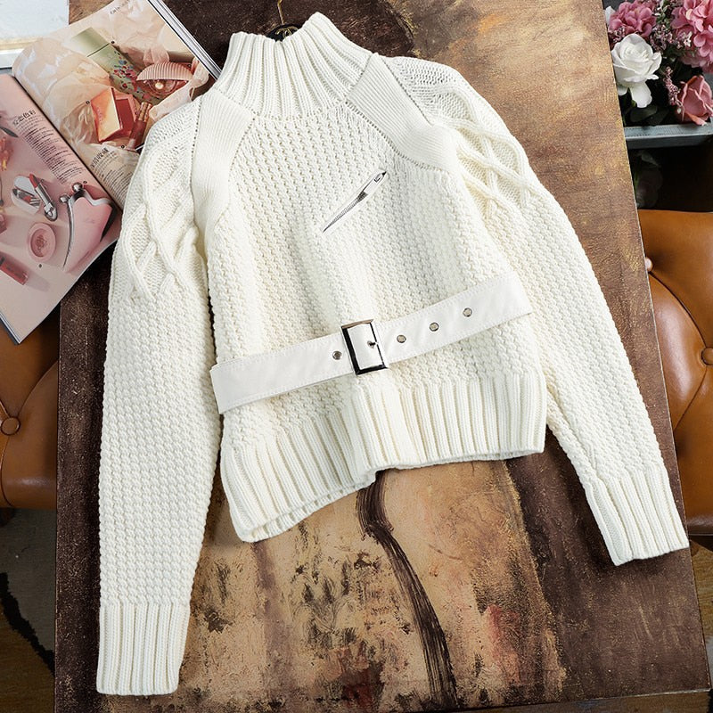 Stickad Dam Tröja med Rollkrage och Blixtlås i Bomull och Polyester – Monokrom Design för Vardag och Fest 3