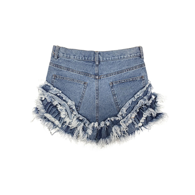 Dam Jeansshorts med Ruffles och Trasiga Detaljer i Denim-2