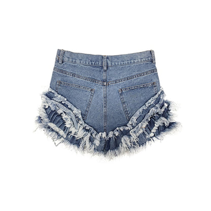 Dam Jeansshorts med Ruffles och Trasiga Detaljer i Denim-2